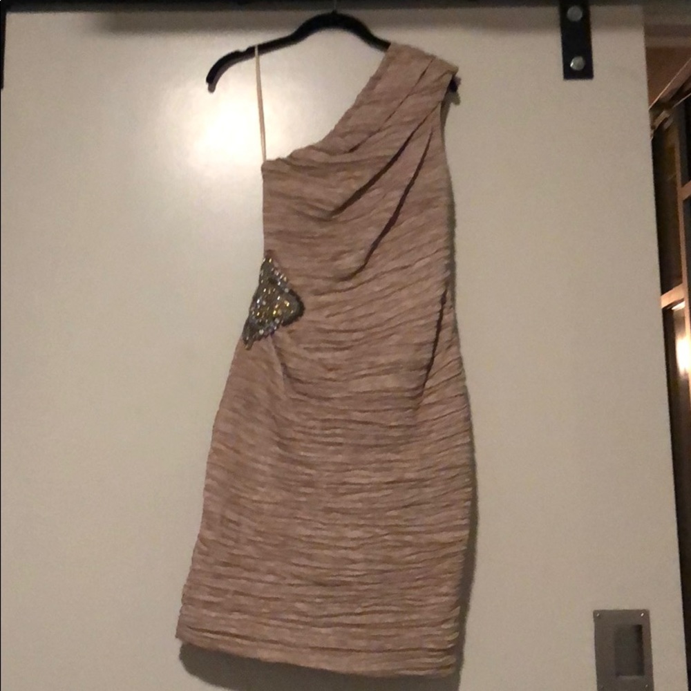 Gold one-shoulder bejeweled mini dress